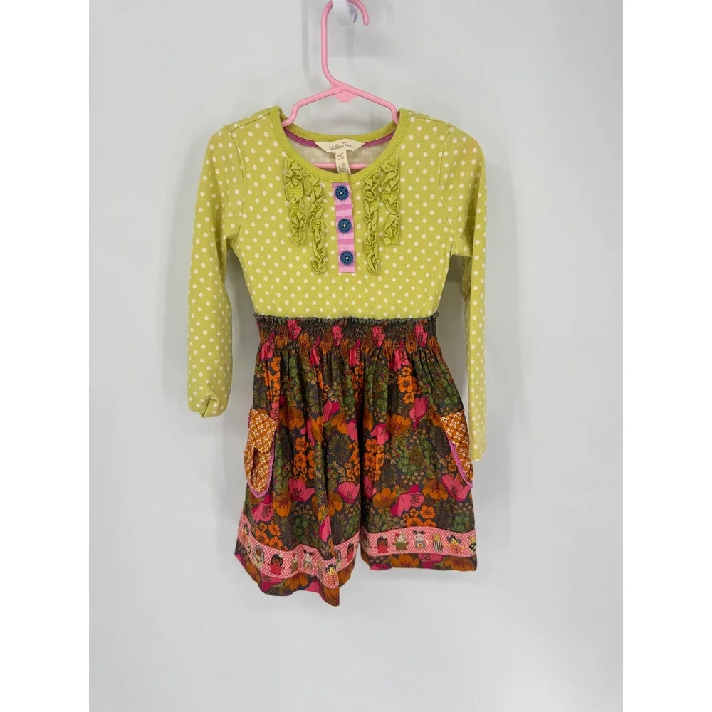 Matilda Jane Dress Girls Size 4 Green Floral Polka Dot Long Sleeve Mixed Print - Picture 1 of 7
